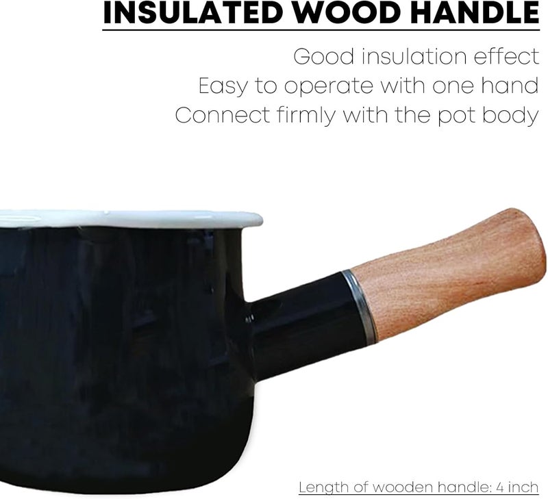 FARCADY 0.6qt Mini Enamel Milk Pot Insulated Wooden Handle 2 Pour Spouts Small Food Warmer Cute Saucepan (D015,BLACK) - Image 4